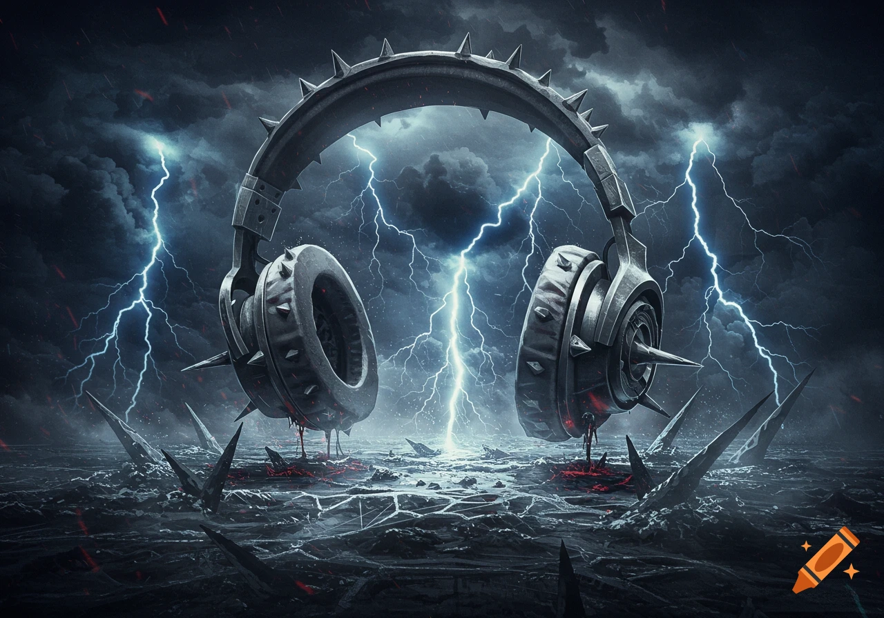Spiky, metallic headphones stand in a desolate, stormy landscape with lightning strikes.