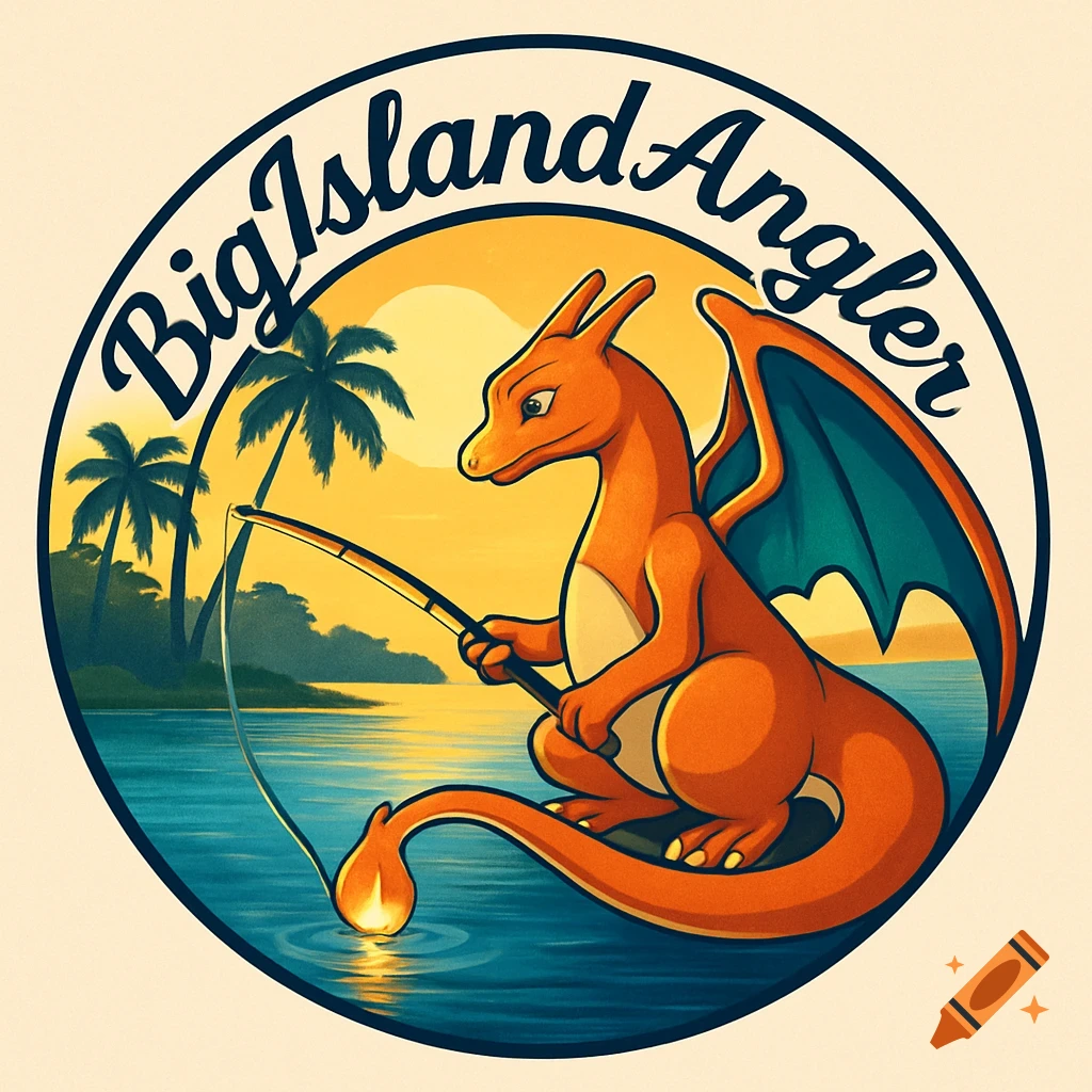 A circular logo featuring an orange Charizard fishing in blue water with palm trees and a sunset. Text reads 'Big Island Angler'.