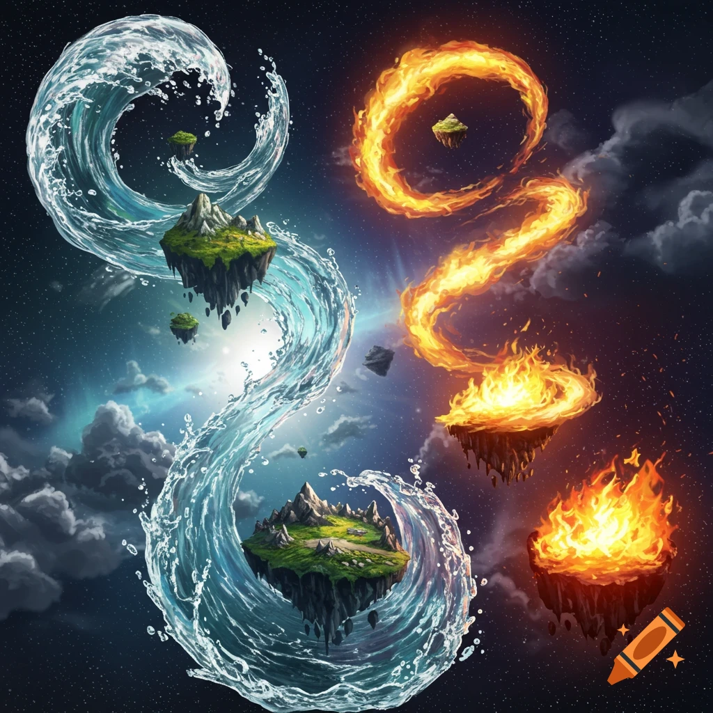 Swirling water and fire currents intertwine around floating islands in a vibrant cosmic scene.