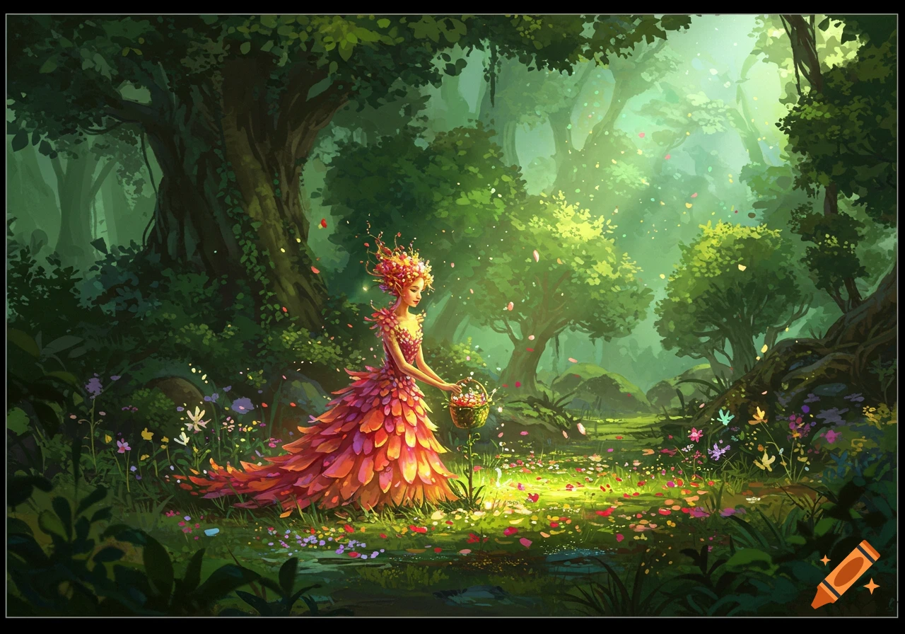 A whimsical illustration of a fairy-like woman in a vibrant red and orange leaf dress collecting flowers in a sunlit, enchanted forest.
