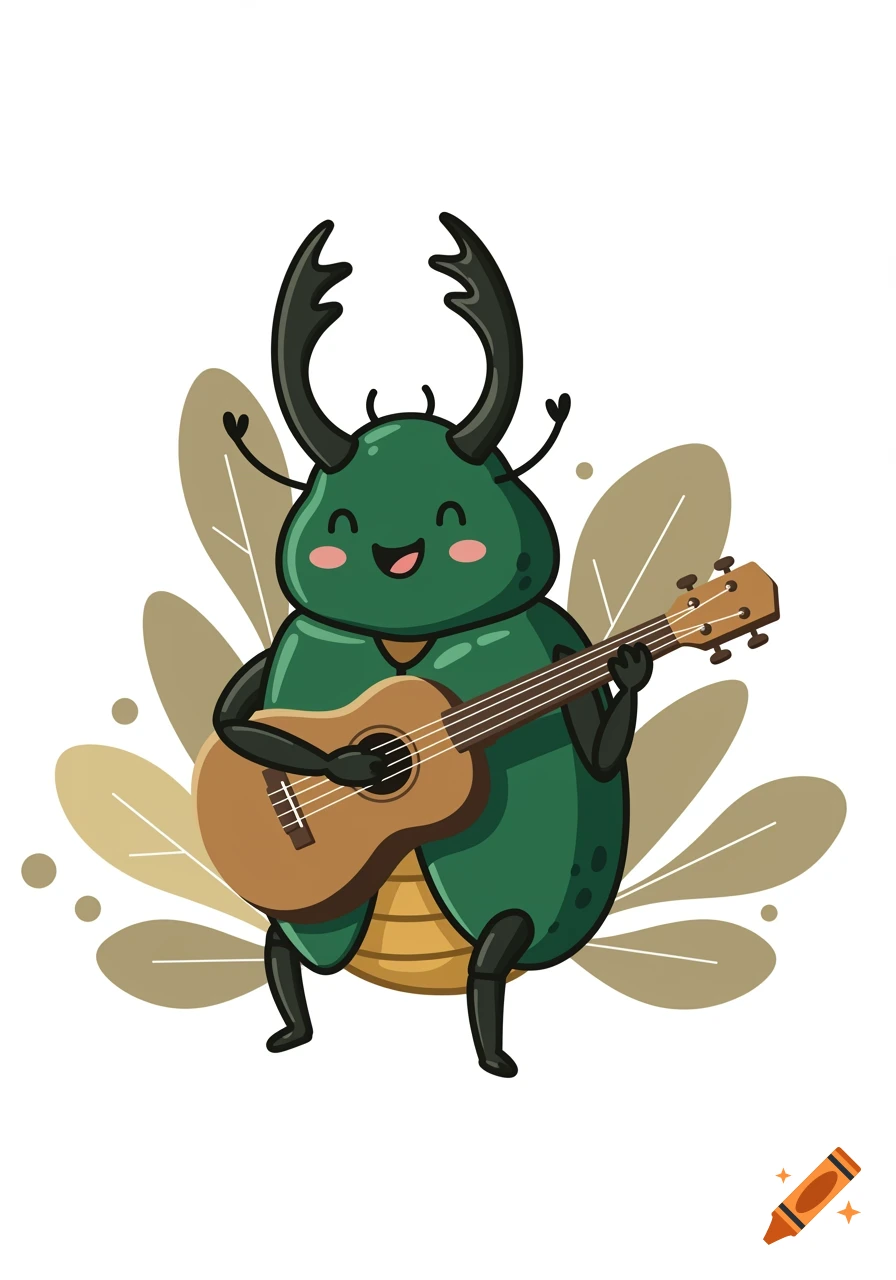 A cute, green cartoon beetle with large antennae smiles and plays a brown ukulele, with abstract leaves behind it.