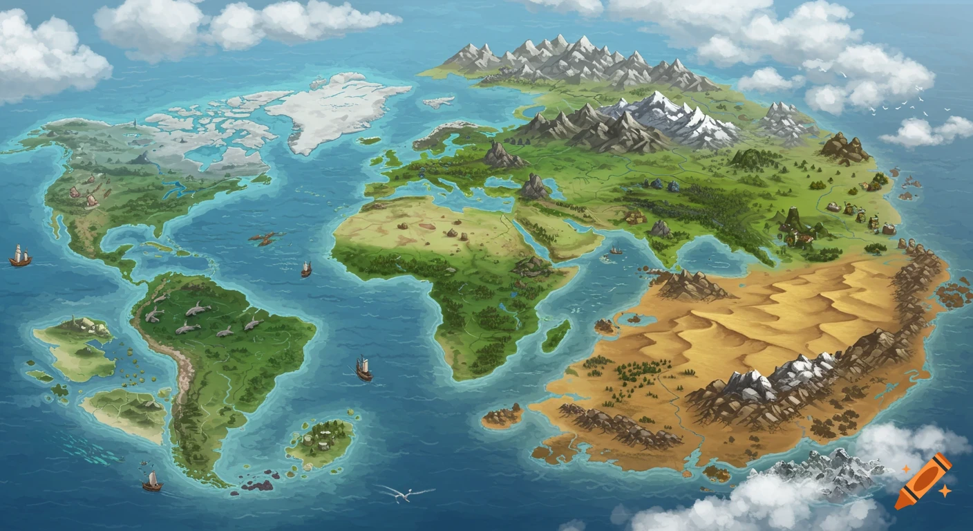A stylized fantasy world map featuring diverse biomes, mountains, forests, deserts, oceans, islands, and ships.