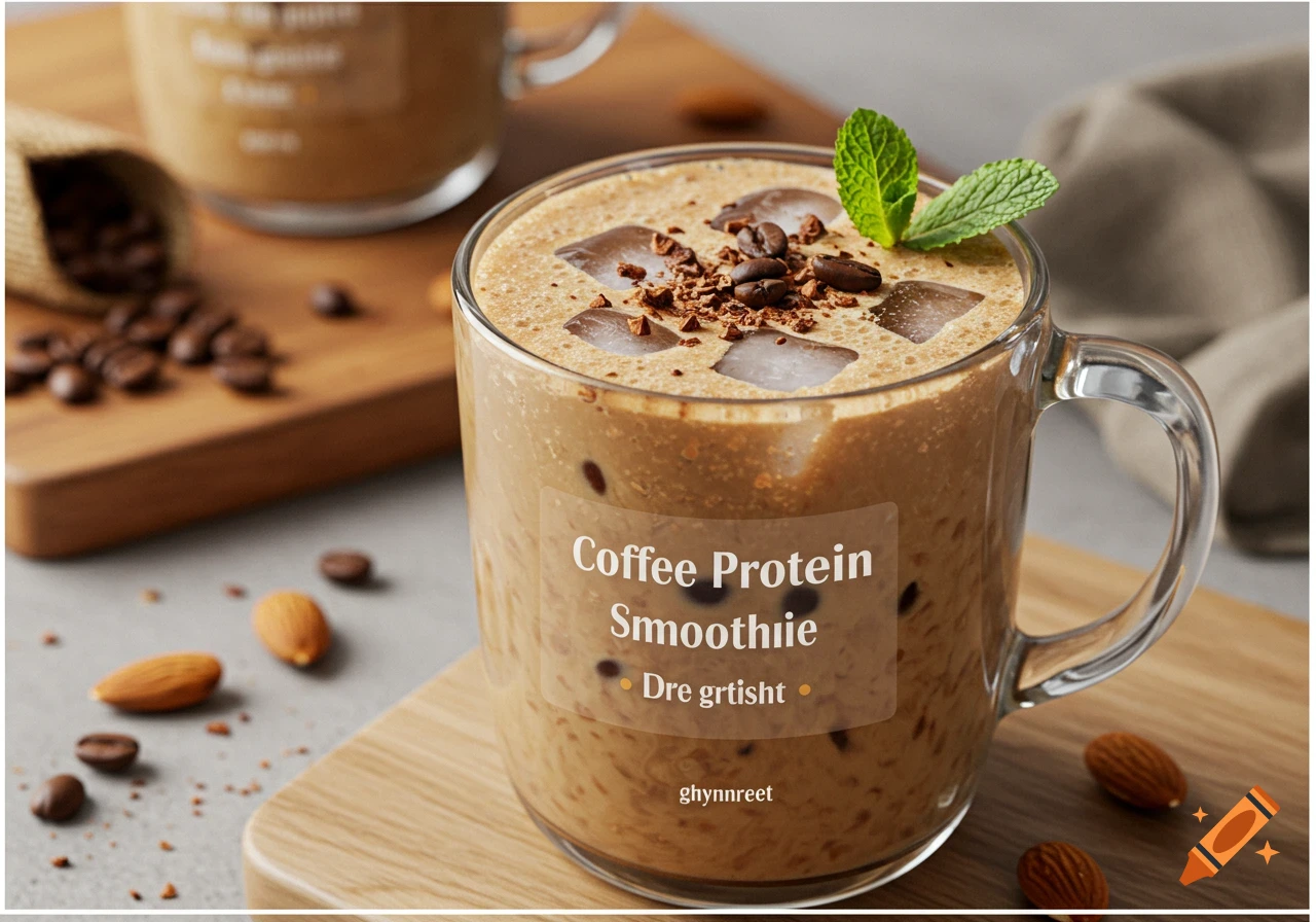 A close-up shot of an iced coffee protein smoothie in a clear mug, garnished with mint, coffee beans, and chocolate shavings on a wooden board.