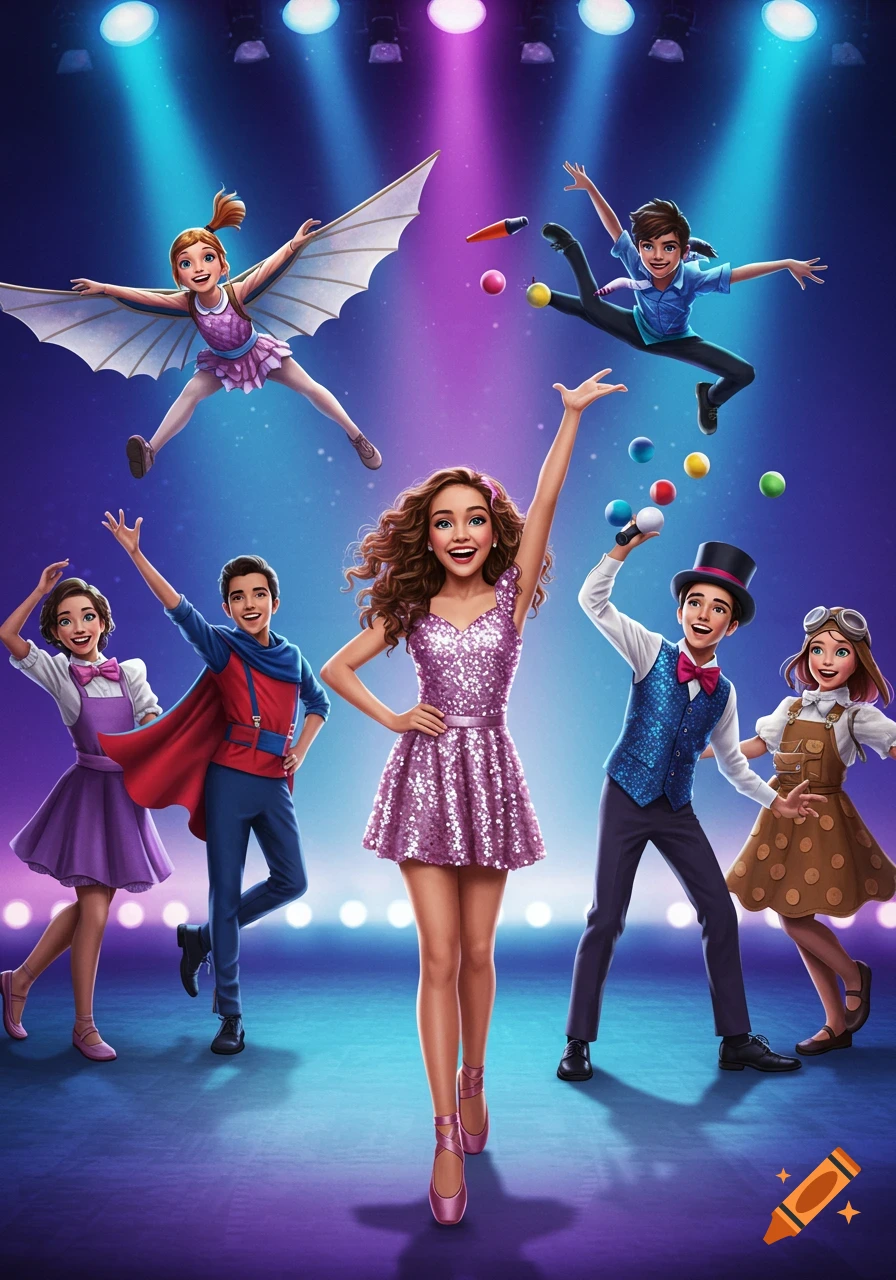 Cartoon illustration of six diverse teenagers on a stage, dressed in unique costumes, performing under blue and purple spotlights.