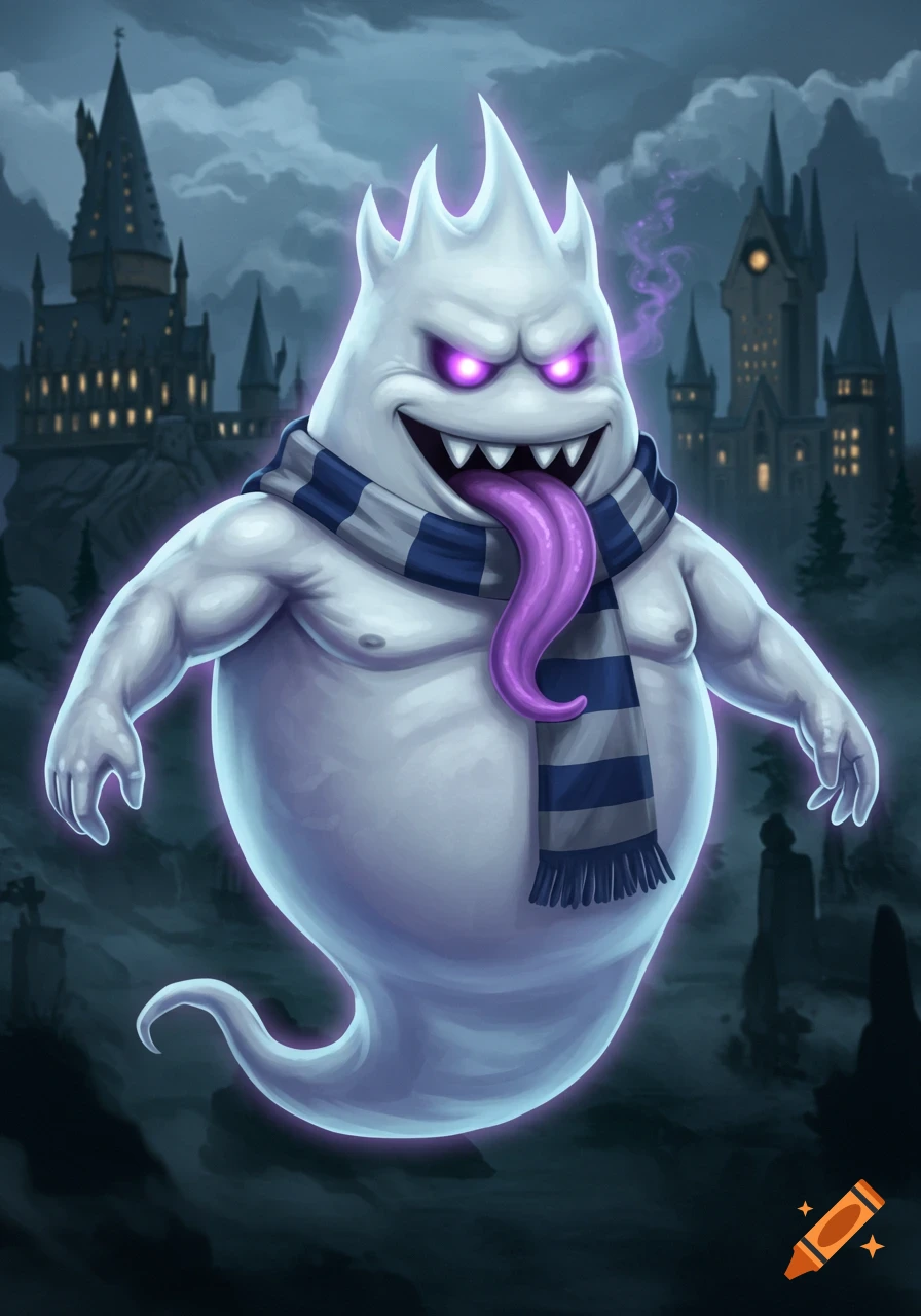 A muscular King Boo ghost with glowing purple eyes and a long purple tongue wears a blue and grey striped scarf in front of a dark, gothic castle.