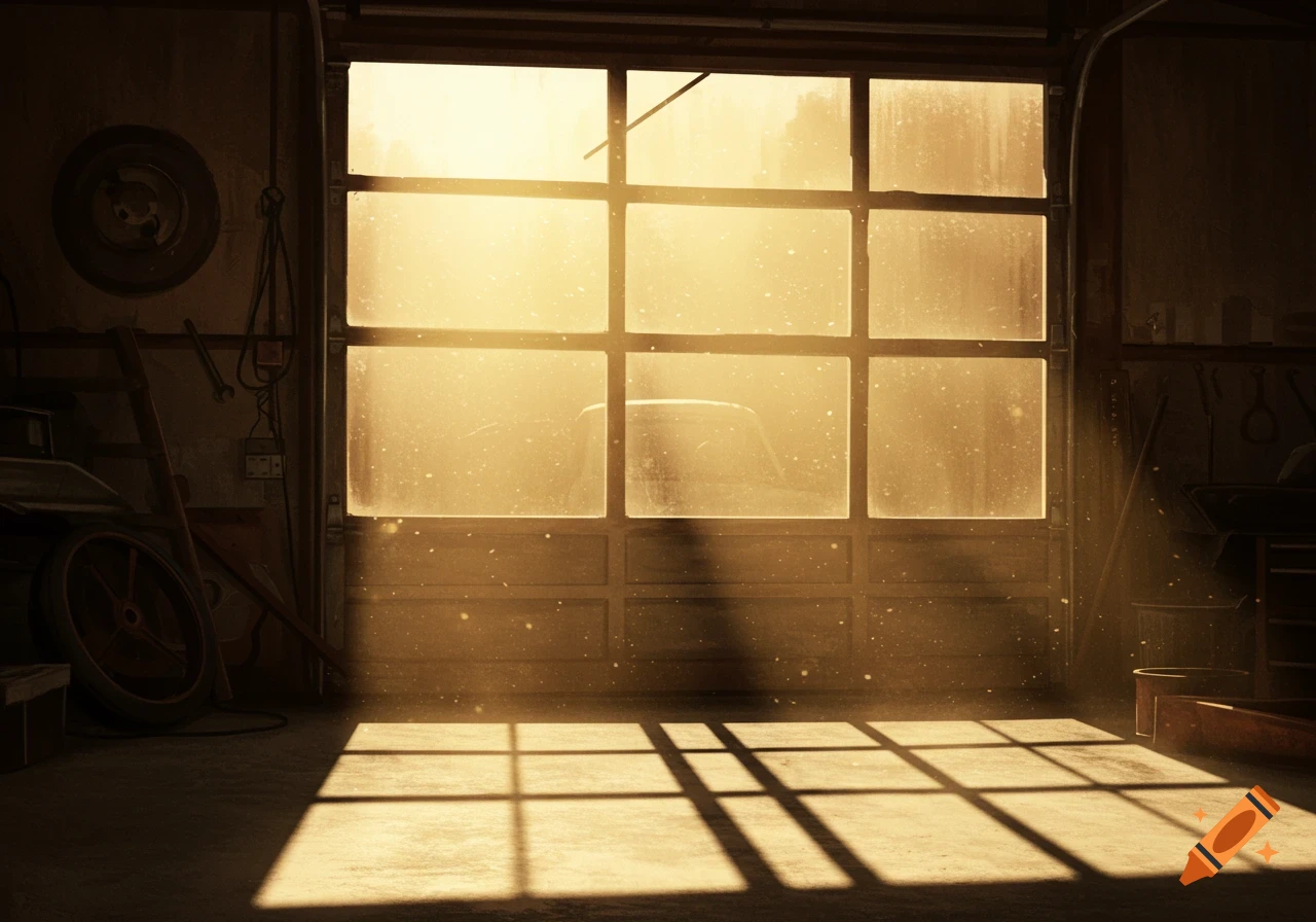 Sunlight streams through a dusty garage window, casting long shadows on the floor, revealing a car silhouette outside.