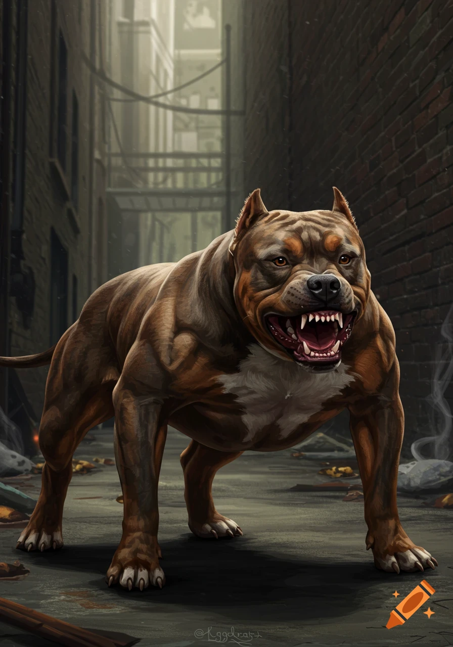 A muscular brown and white pitbull dog growls menacingly in a dark, gritty alleyway, digital art.