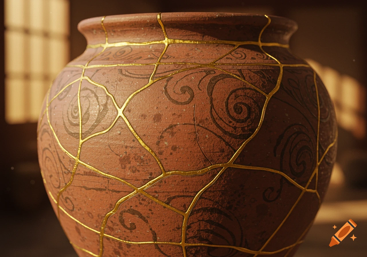 A close-up of a reddish-brown ancient pot with intricate gold kintsugi repairs and dark swirling patterns.