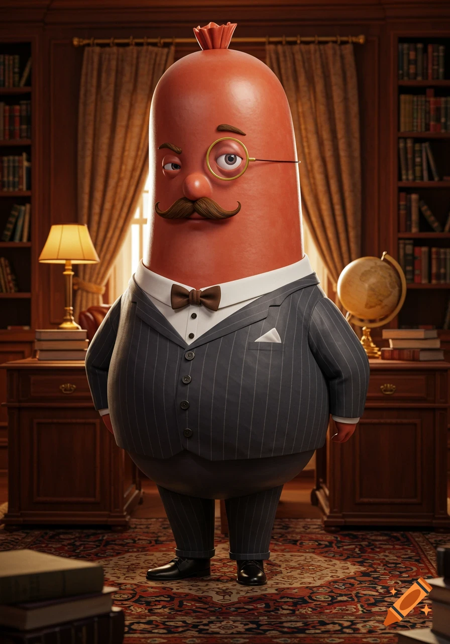 A cartoon anthropomorphic sausage character with a mustache and monocle wearing a pinstripe suit and bow tie stands in a library.
