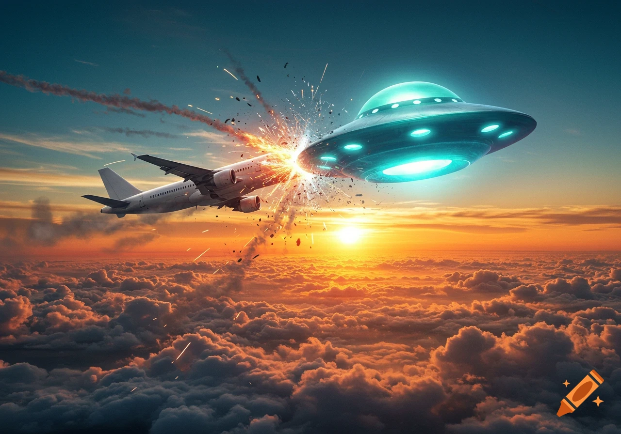 A photorealistic image of a white passenger airplane colliding with a glowing teal UFO above a vibrant orange and blue cloudscape at sunset.