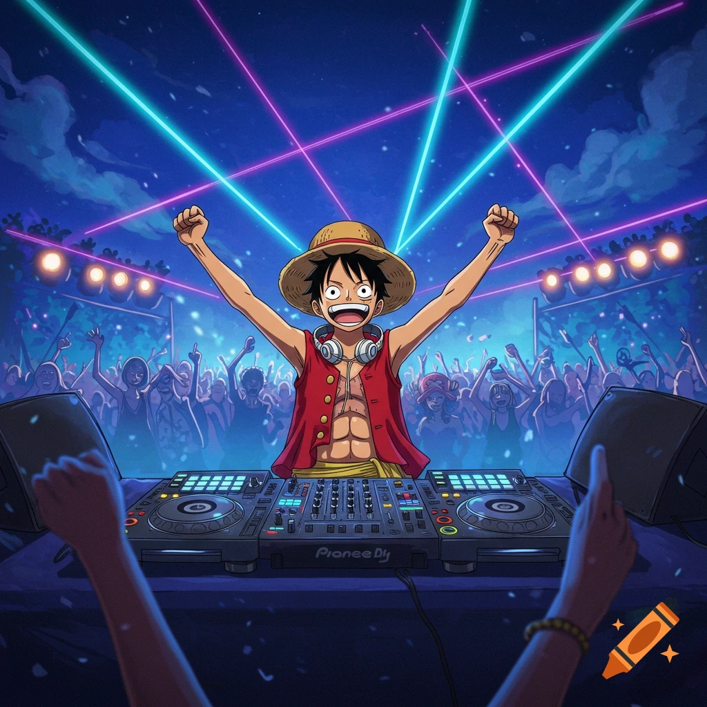 Anime character Monkey D. Luffy with headphones DJing at a vibrant outdoor concert with neon lights, hands raised in excitement.
