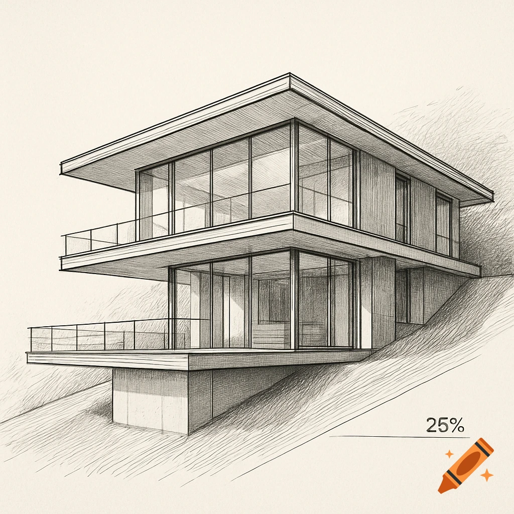 Architectural sketch of a modern, multi-level house with large windows and balconies, situated on a sloped terrain marked 25% incline.