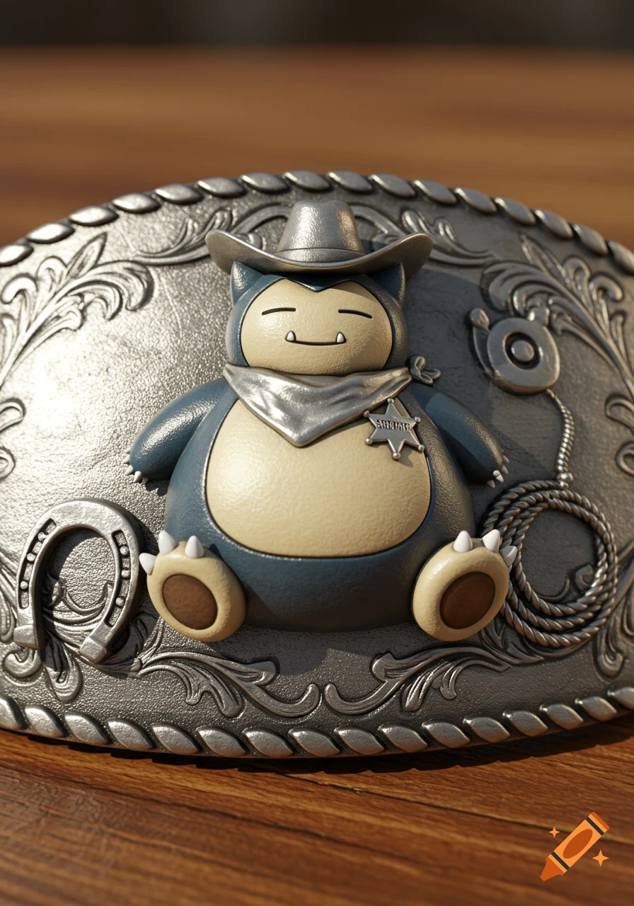 A detailed silver cowboy belt buckle features a Snorlax from Pokemon wearing a cowboy hat and a sheriff badge.