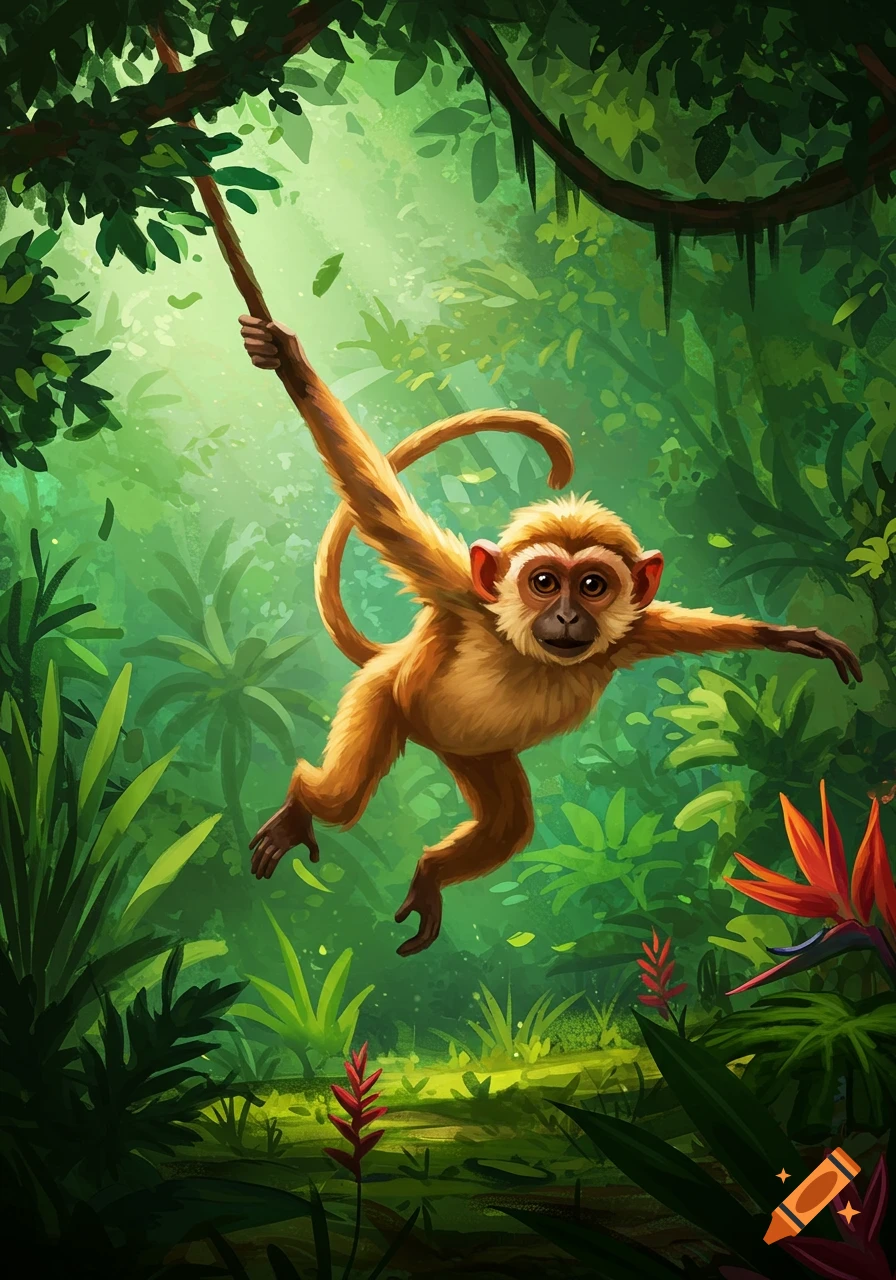 A cute, cartoonish monkey swings through a lush, vibrant green jungle.