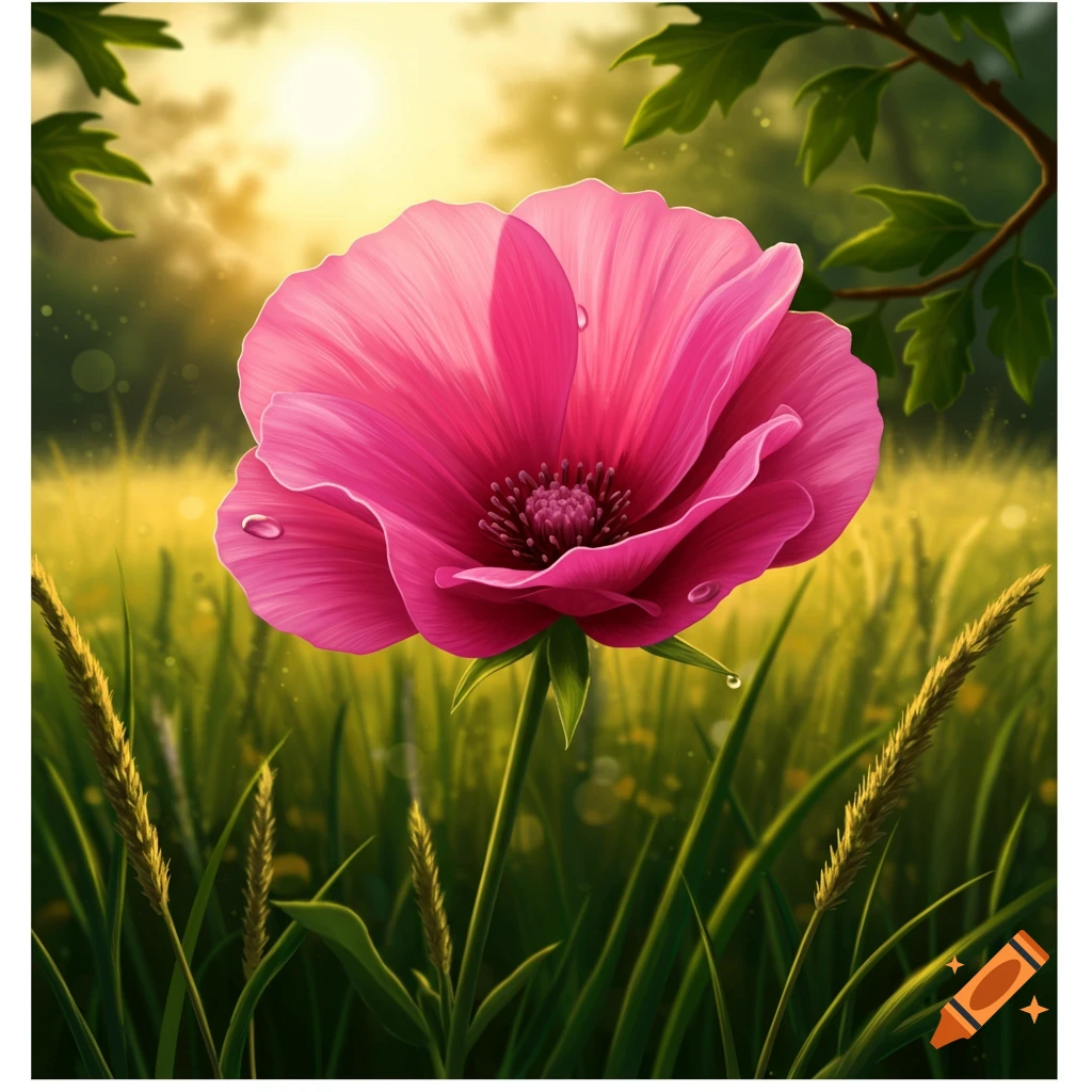 A vibrant pink flower with water droplets stands in a lush green field under a golden sunlit sky.