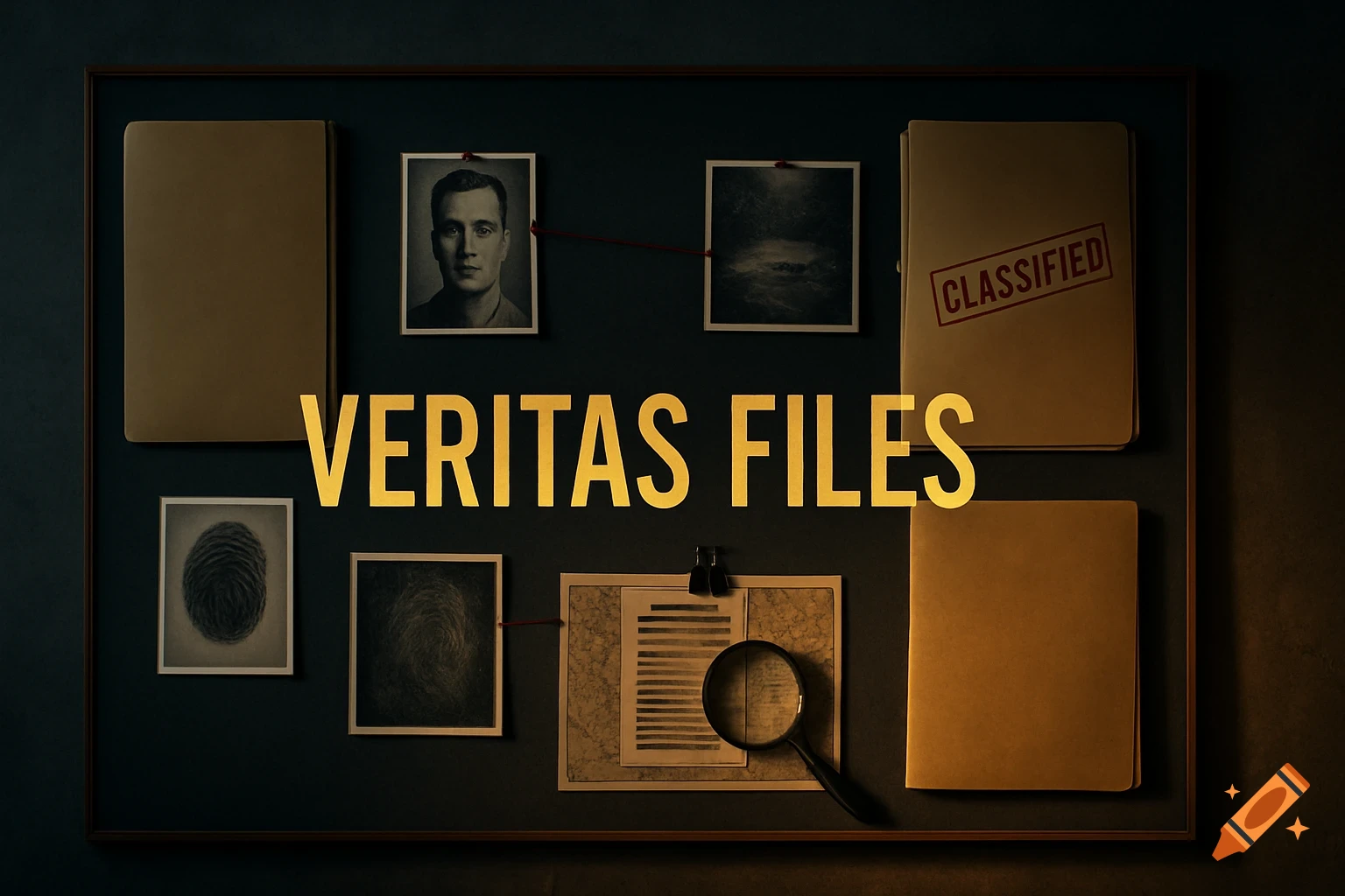 A dark, moody detective's evidence board with photos, files, fingerprints, a magnifying glass, and red string, featuring the glowing text 'VERITAS FILES'.