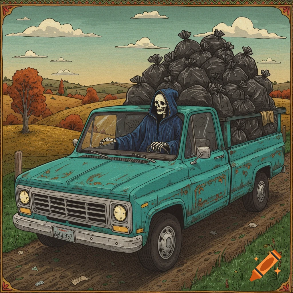 Folk art illustration of the Grim Reaper driving an old teal pickup truck overloaded with black trash bags through a rural autumn landscape.
