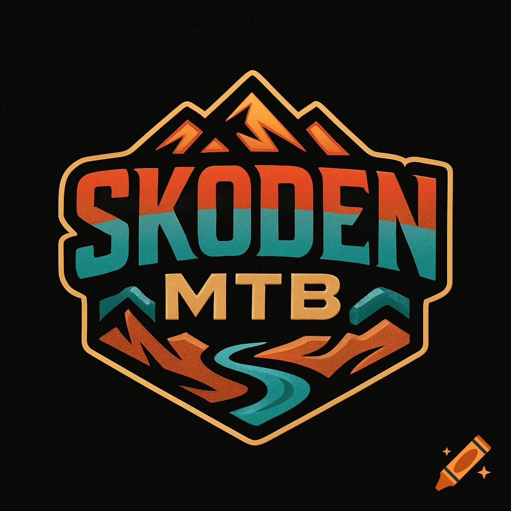 A logo for 'SKODEN MTB' in Southwestern colors, featuring mountains and a river on a black background.