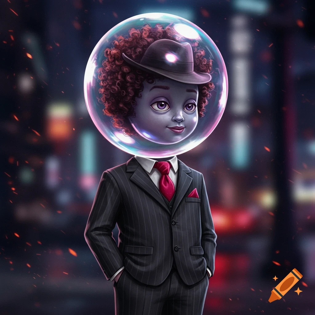 A stylized character with a large bubble for a head, curly hair, and a fedora, wearing a pinstripe suit and red tie, stands against a blurry city night background.