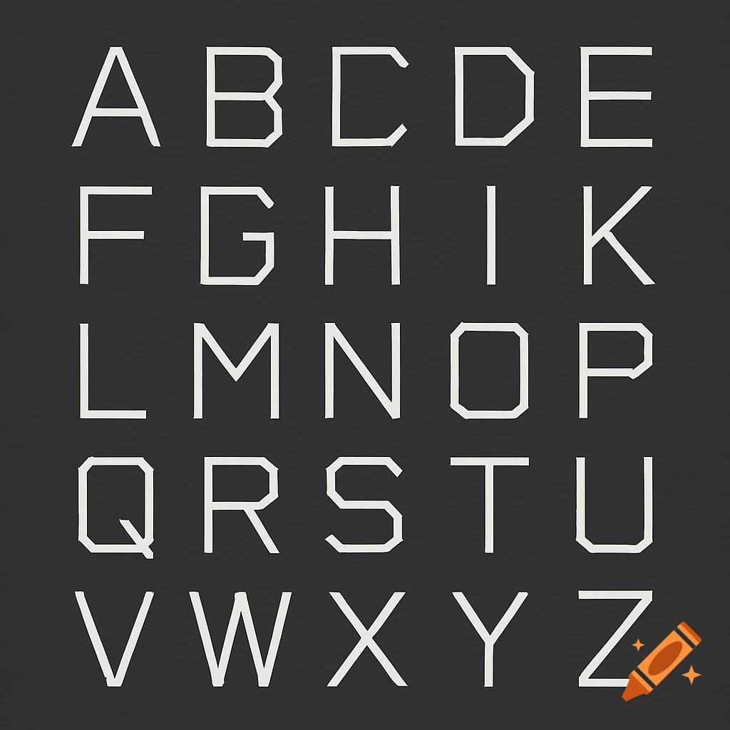 The uppercase English alphabet A through Z displayed in a minimalist, geometric style with sharp angles on a dark background.