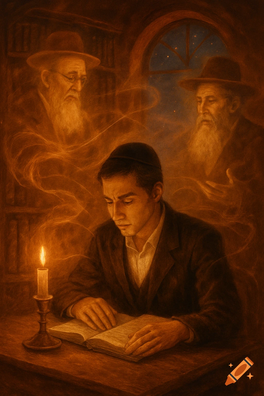 A young man with a yarmulke reads a book by candlelight, with ghostly figures of bearded men in the warm, sepia-toned background.