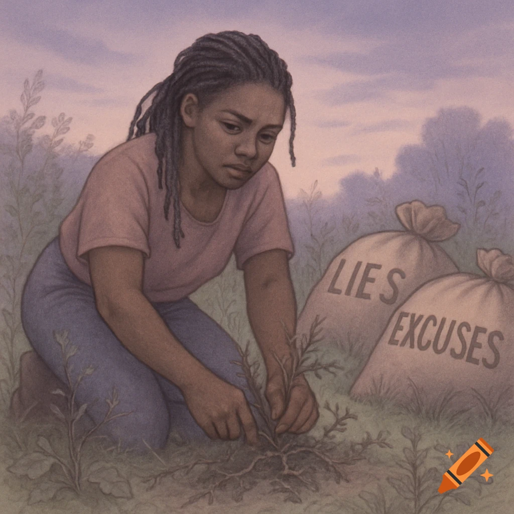 A Black woman with dreadlocks kneels in a garden pulling weeds. Bags labeled 'Lies' and 'Excuses' are nearby. Soft pastel illustration.