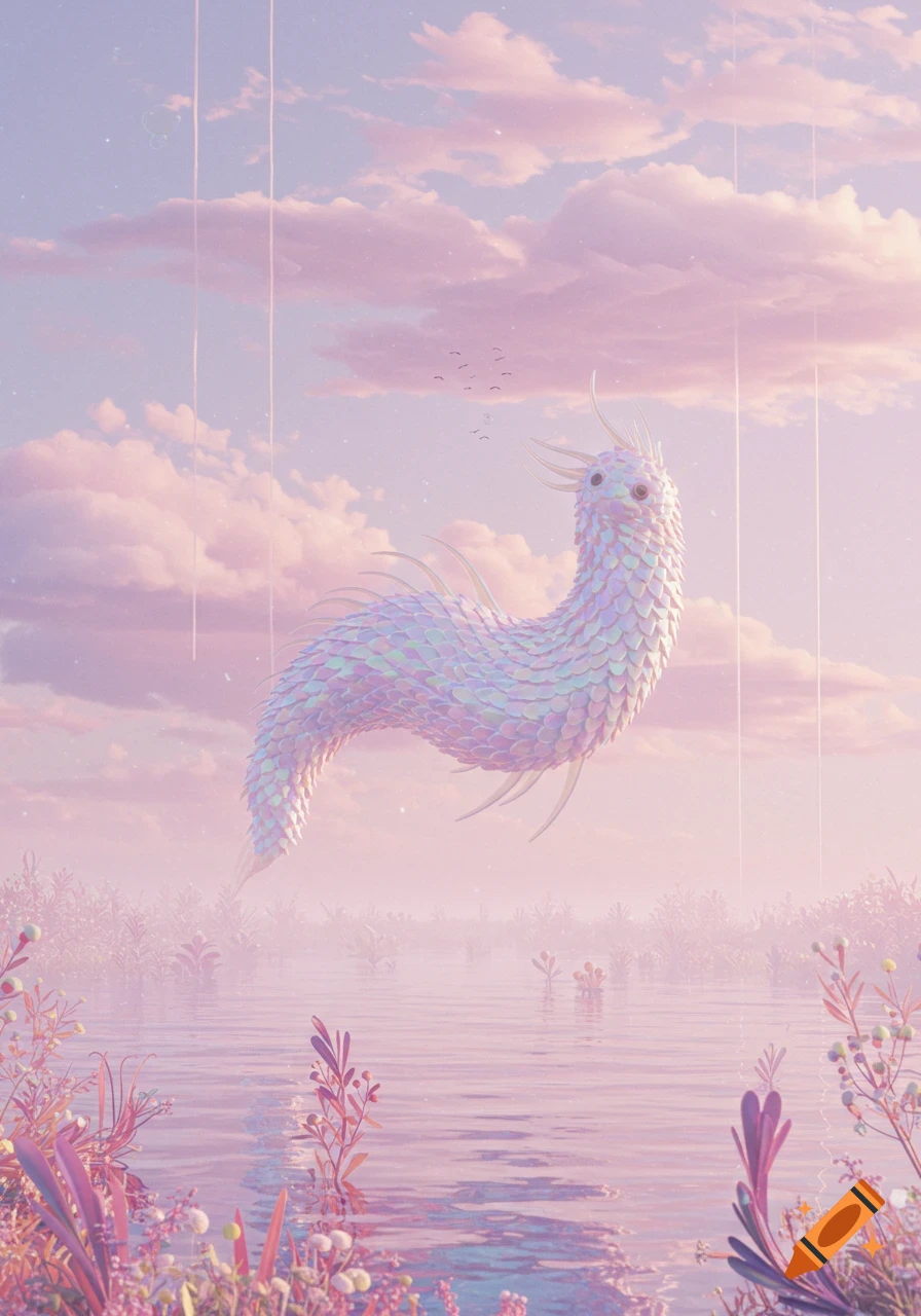 An iridescent scaly creature floats over a pink lake with ethereal plants under a pastel sky with clouds and light beams.