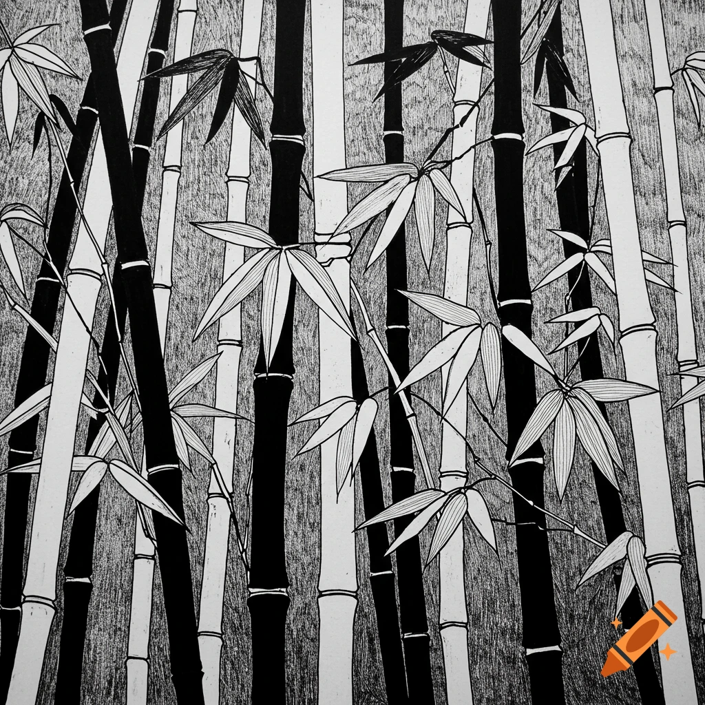 A black and white ink drawing of bamboo stalks and leaves.