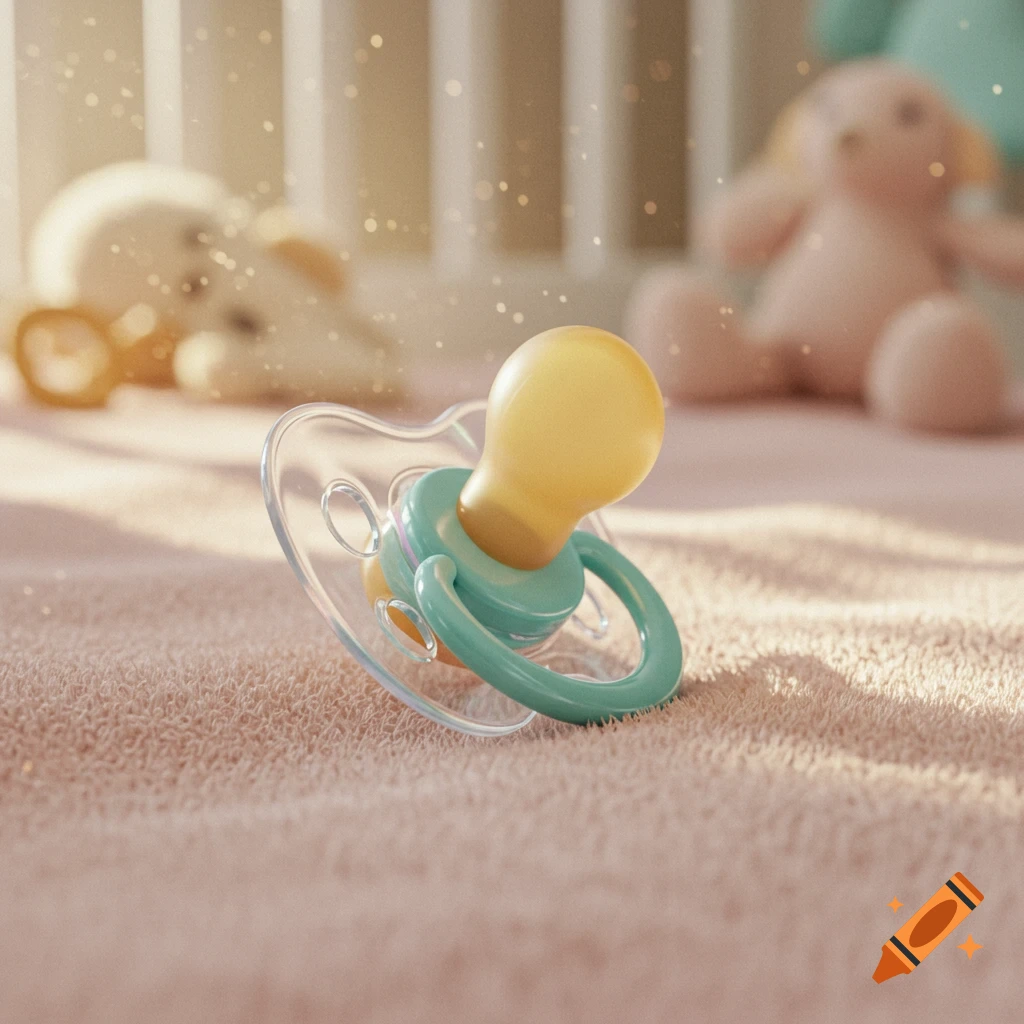 Close-up of a yellow, clear, and teal pacifier resting on a pink textured blanket with blurred baby items in background, illuminated by soft sunlight.