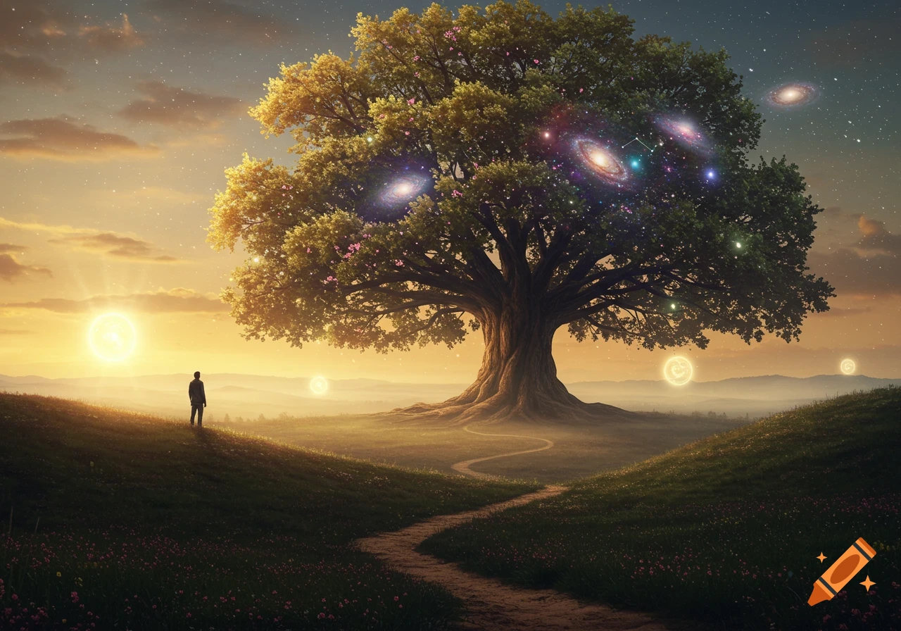 A person stands on a hill looking at a colossal tree with galaxies in its leaves, under a sunset sky.