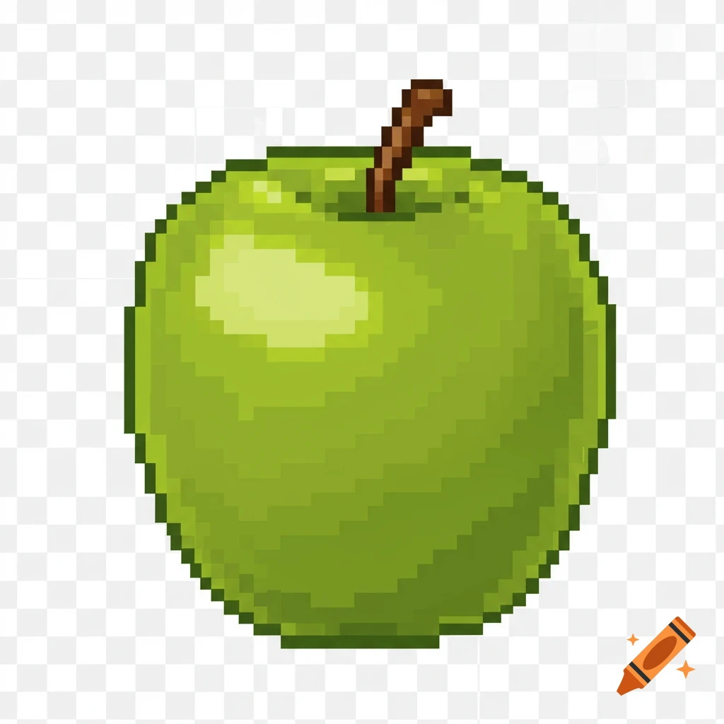 A green apple with a brown stem, rendered in pixel art style on a transparent background.