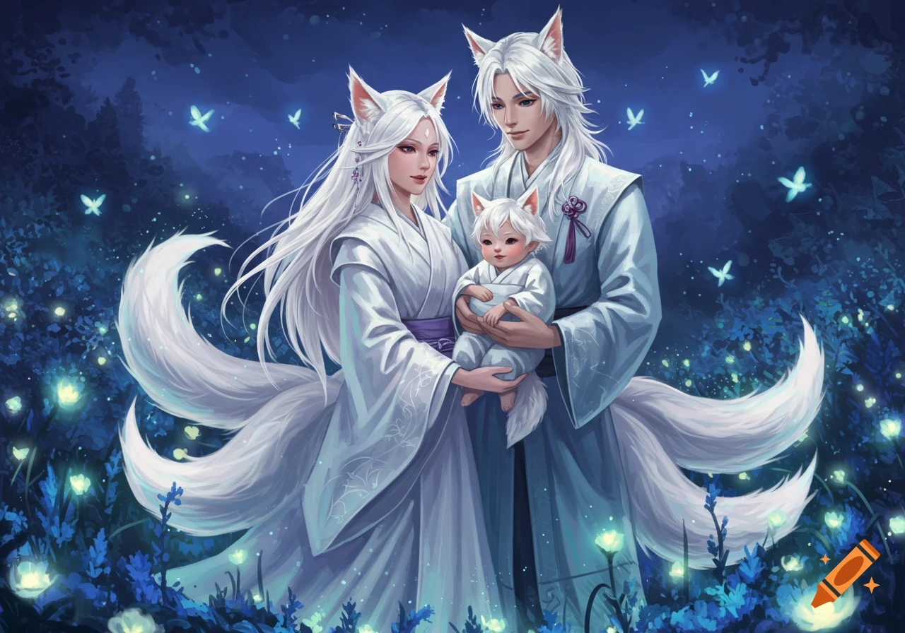 A family of white-haired kitsune, mother, father, and baby, stand in a glowing blue fantasy forest with fireflies, in an anime style.