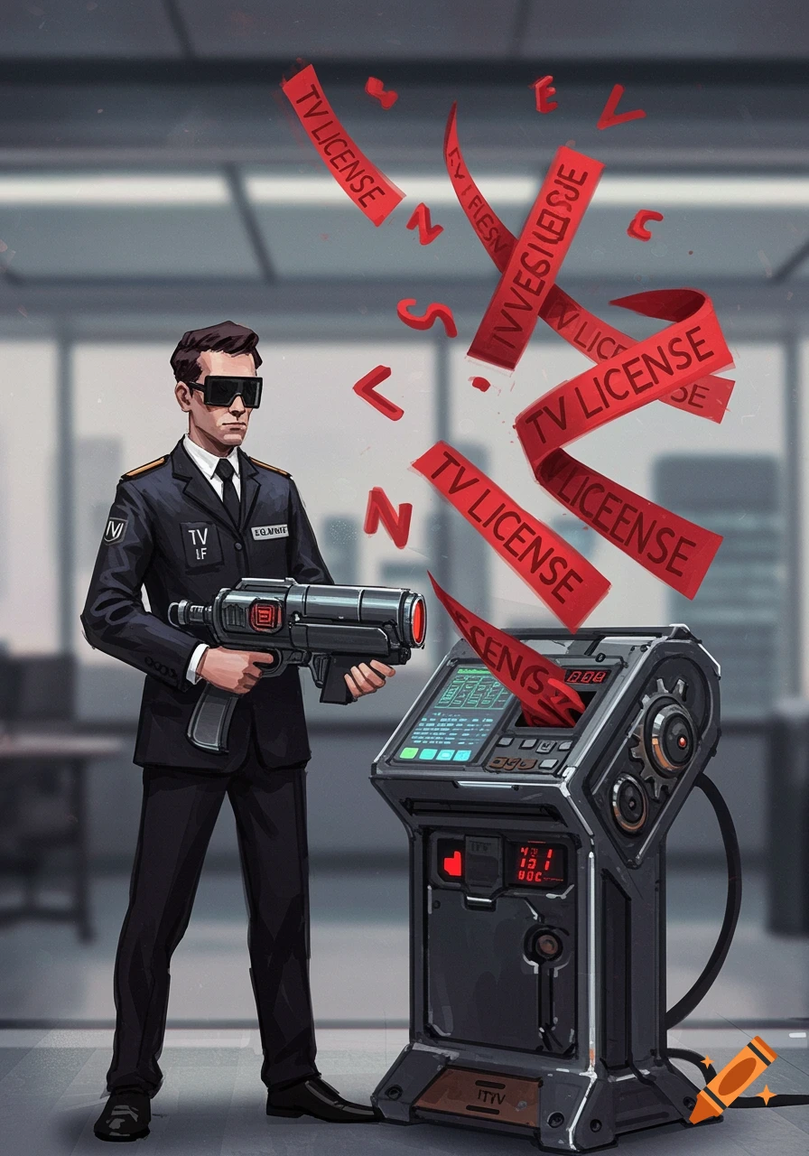 A man in a suit and sunglasses holds a futuristic gun next to a machine dispensing red ribbons labeled "TV LICENSE" in a concept art style.