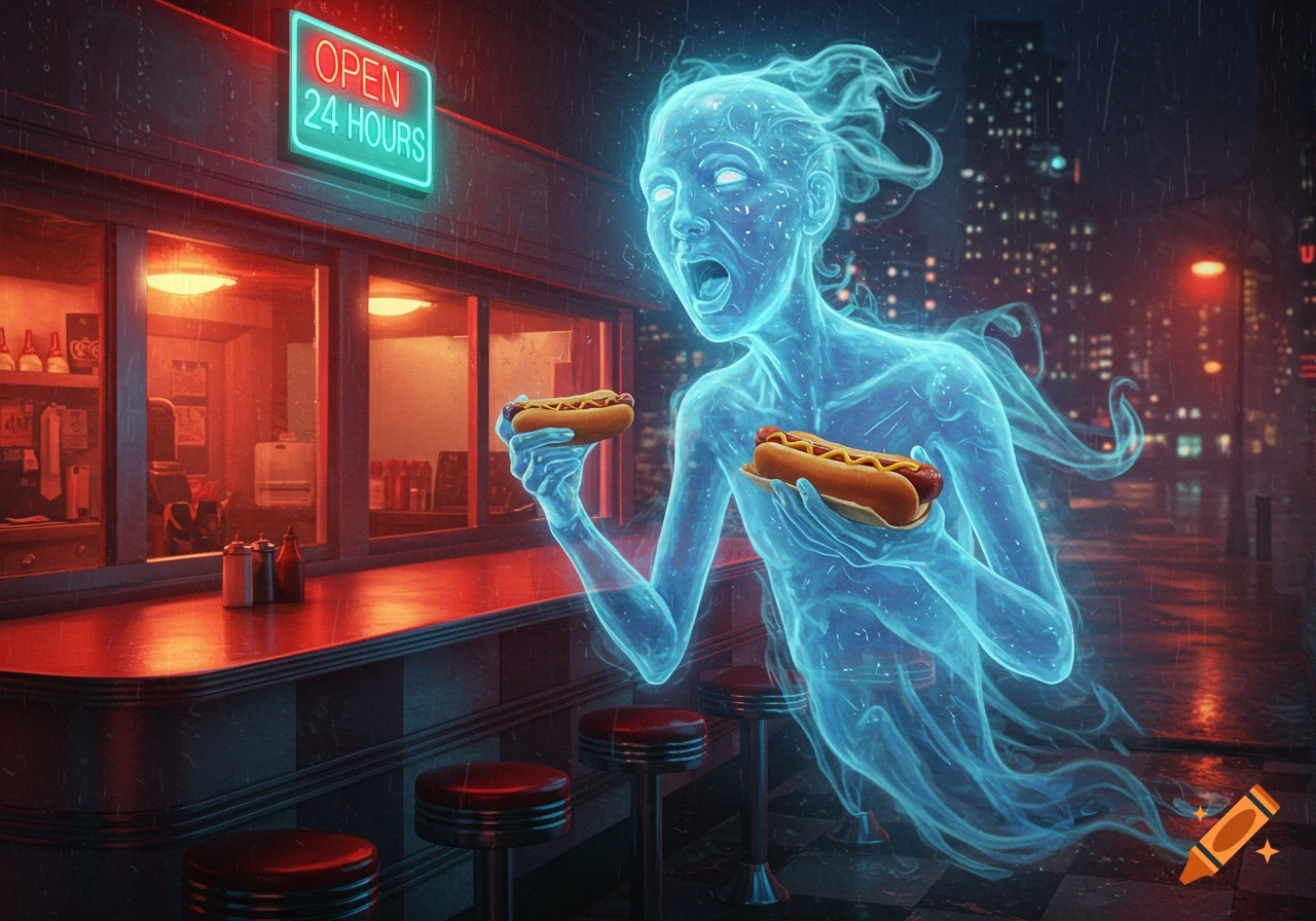 A glowing blue ghost holds two hot dogs outside a diner with an "OPEN 24 HOURS" neon sign on a rainy night.