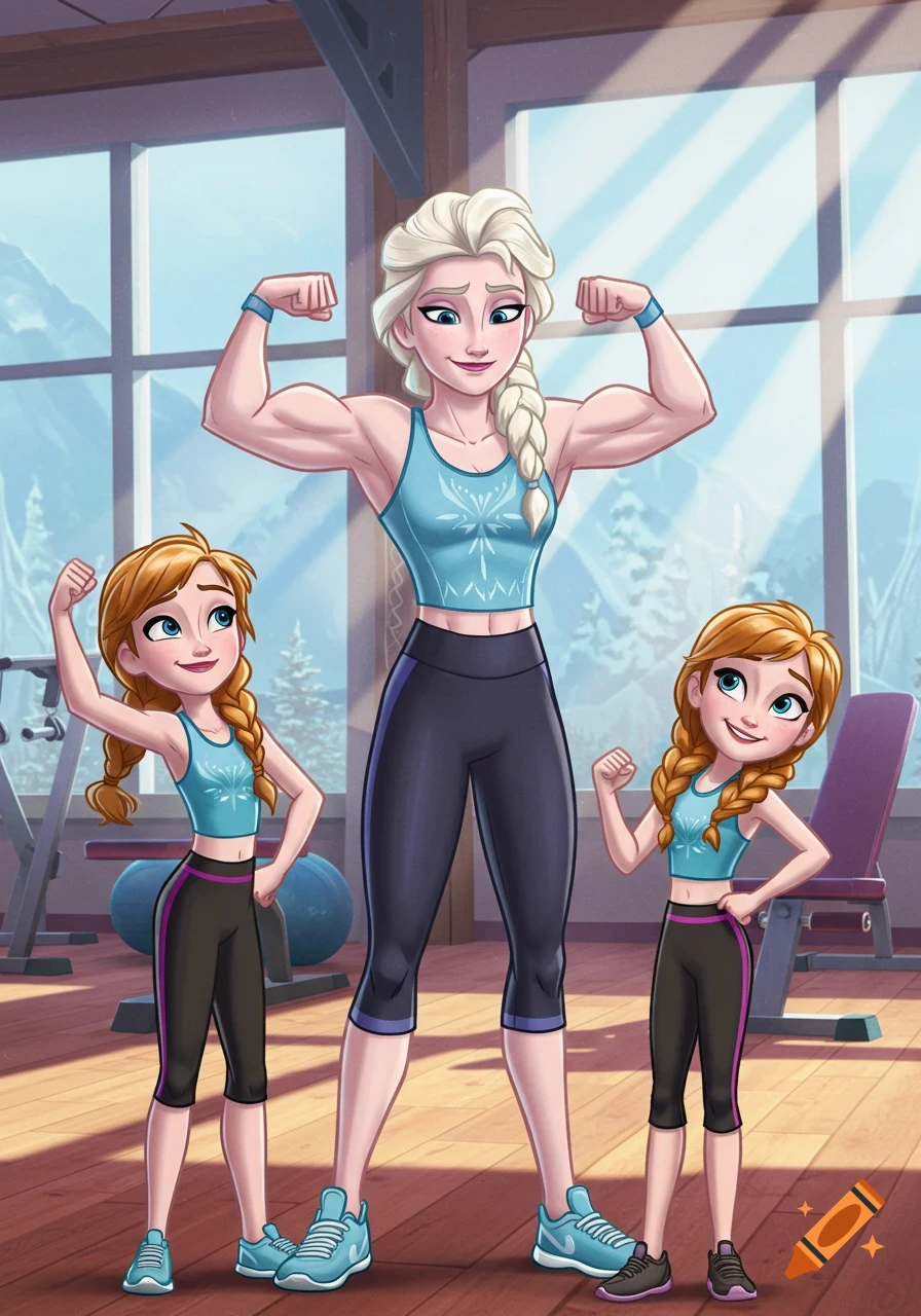 A cartoon illustration of a muscular Elsa flexing her biceps alongside two smaller girls resembling Anna, also flexing, inside a gym.