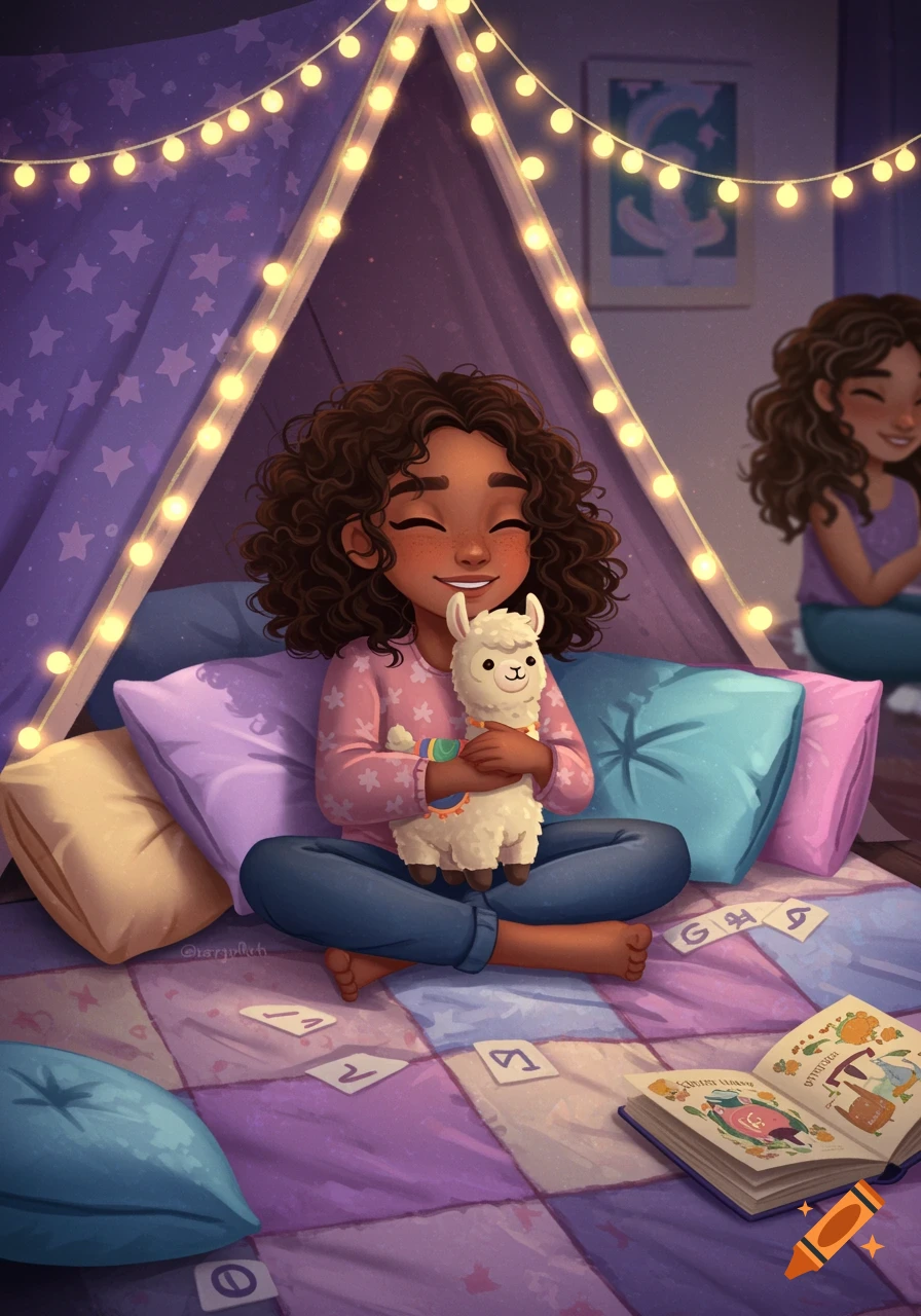 An illustration of a smiling girl with curly hair sitting in a blanket fort, holding a stuffed llama. String lights illuminate the cozy fort.