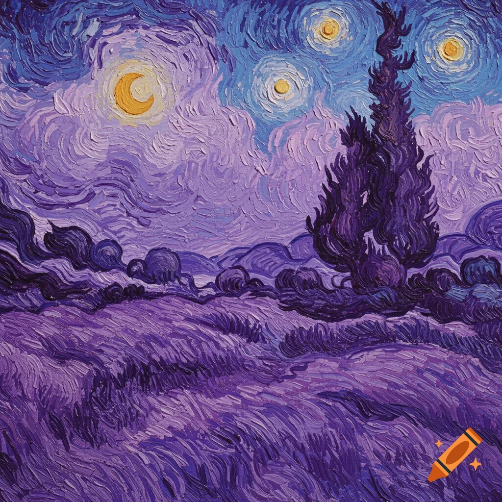 A purple night landscape painting in the style of Van Gogh, with swirling sky, moon, stars, fields, and a tall dark tree.