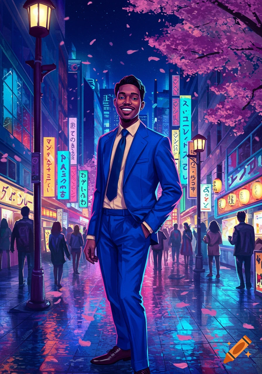 Smiling Black man in a blue suit on a neon-lit Japanese street with cherry blossoms at night, digital art.