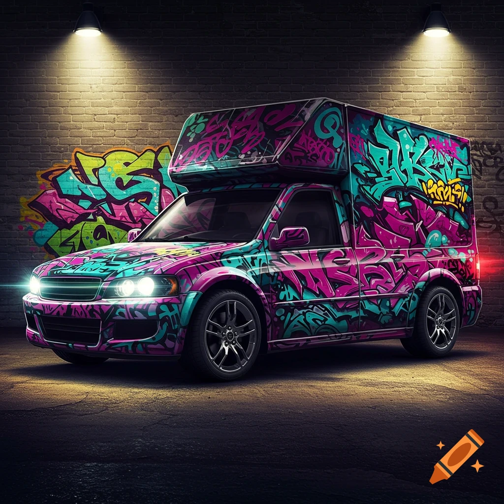 A custom van covered in vibrant pink and teal graffiti art, parked in a dark urban setting with a graffitied brick wall in the background.