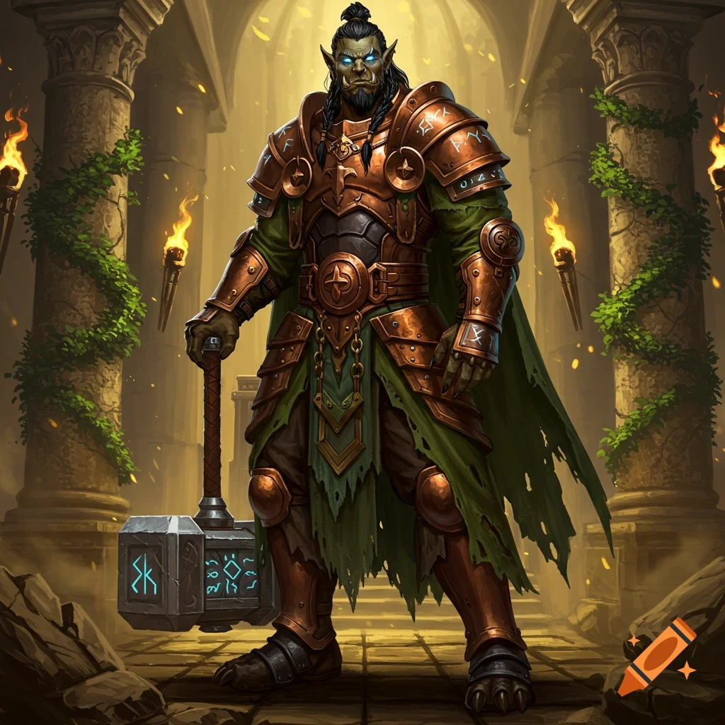 A heavily armored half-orc cleric with green skin and glowing blue eyes stands in a torch-lit ancient hall, holding a large hammer.