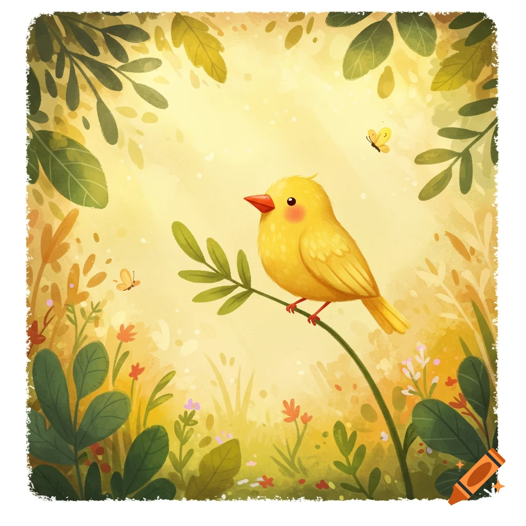 A cute yellow bird with a red beak perches on a branch in a vibrant watercolor forest with butterflies.