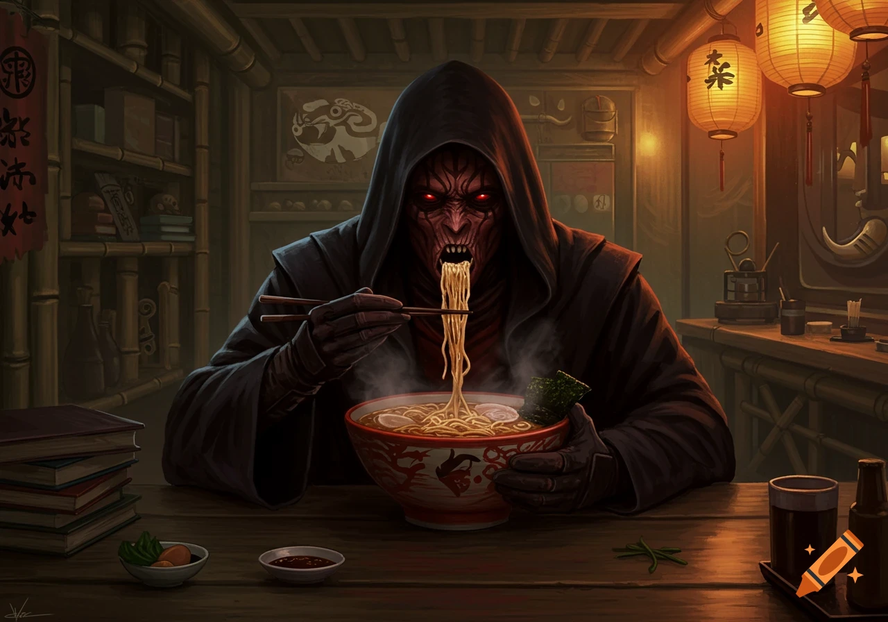 A monstrous dark lord in a hooded cloak with red eyes and sharp teeth eats ramen with chopsticks in a dimly lit Japanese restaurant.