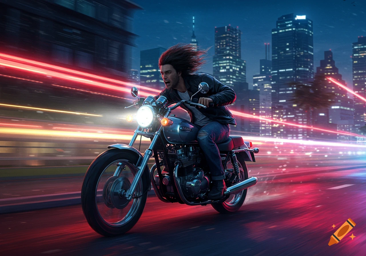 A man with flowing hair rides a motorcycle at high speed through a neon-lit city street at night, with motion blur.