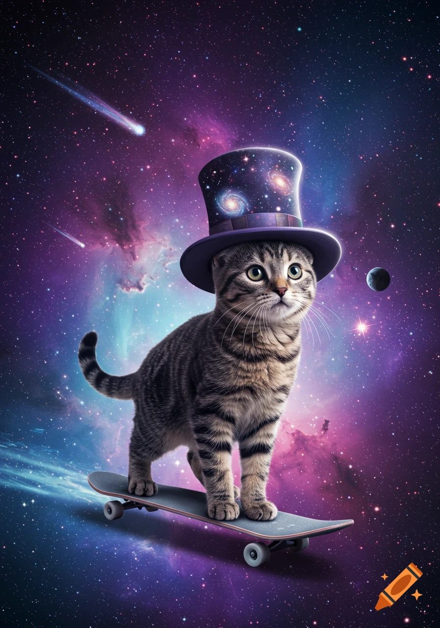 A tabby cat in a purple galaxy-themed top hat rides a skateboard through a vibrant, star-filled nebula.
