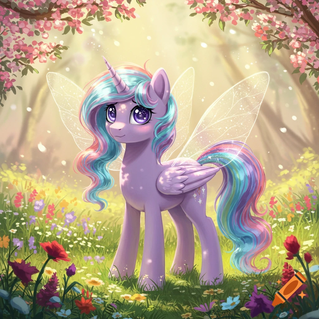 A cute, purple My Little Pony-style unicorn with rainbow mane and sparkling fairy wings stands in a vibrant flower meadow.