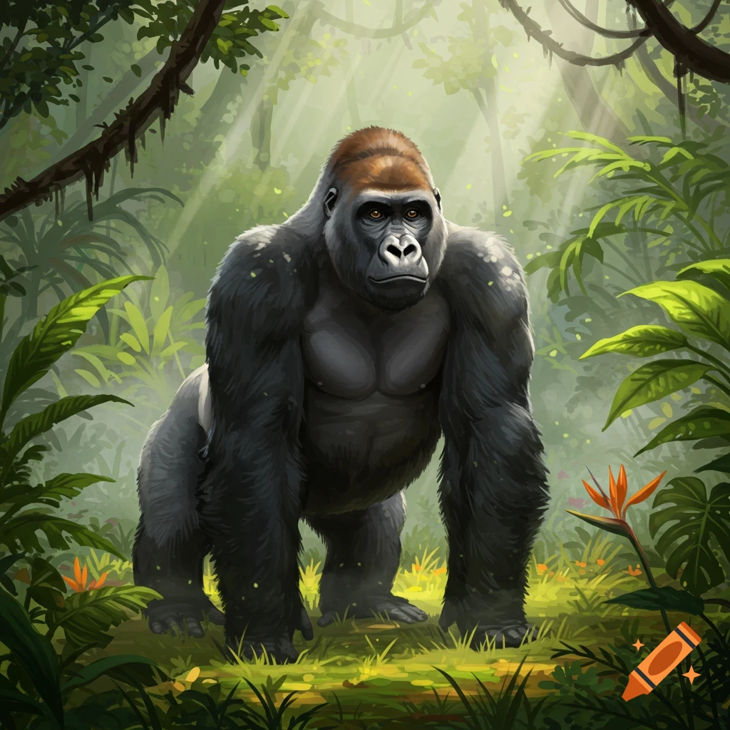 A majestic gorilla stands in a lush jungle with rays of sunlight filtering through the canopy.