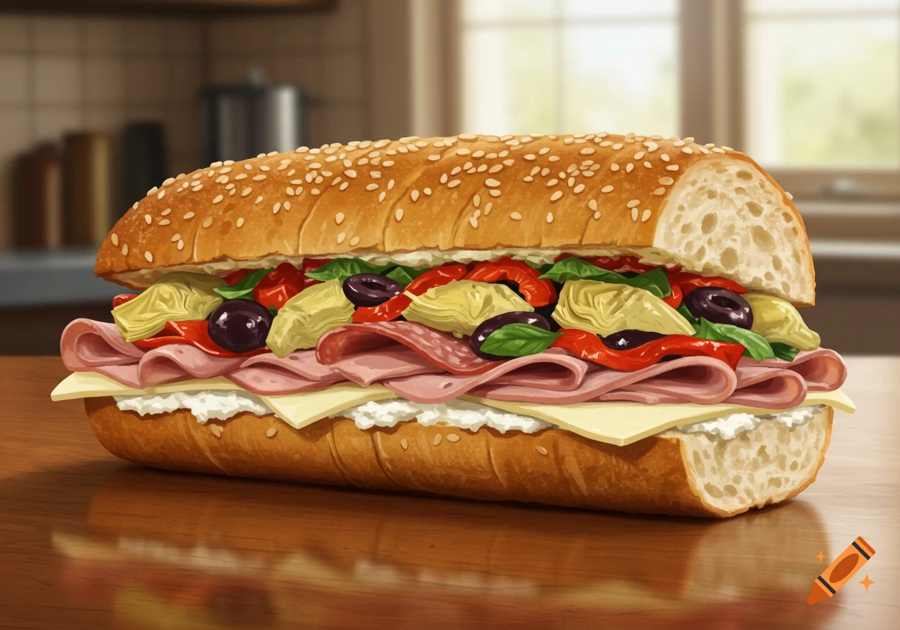 A large Italian sub sandwich filled with meat, cheese, artichoke hearts, olives, and red peppers on a wooden table.