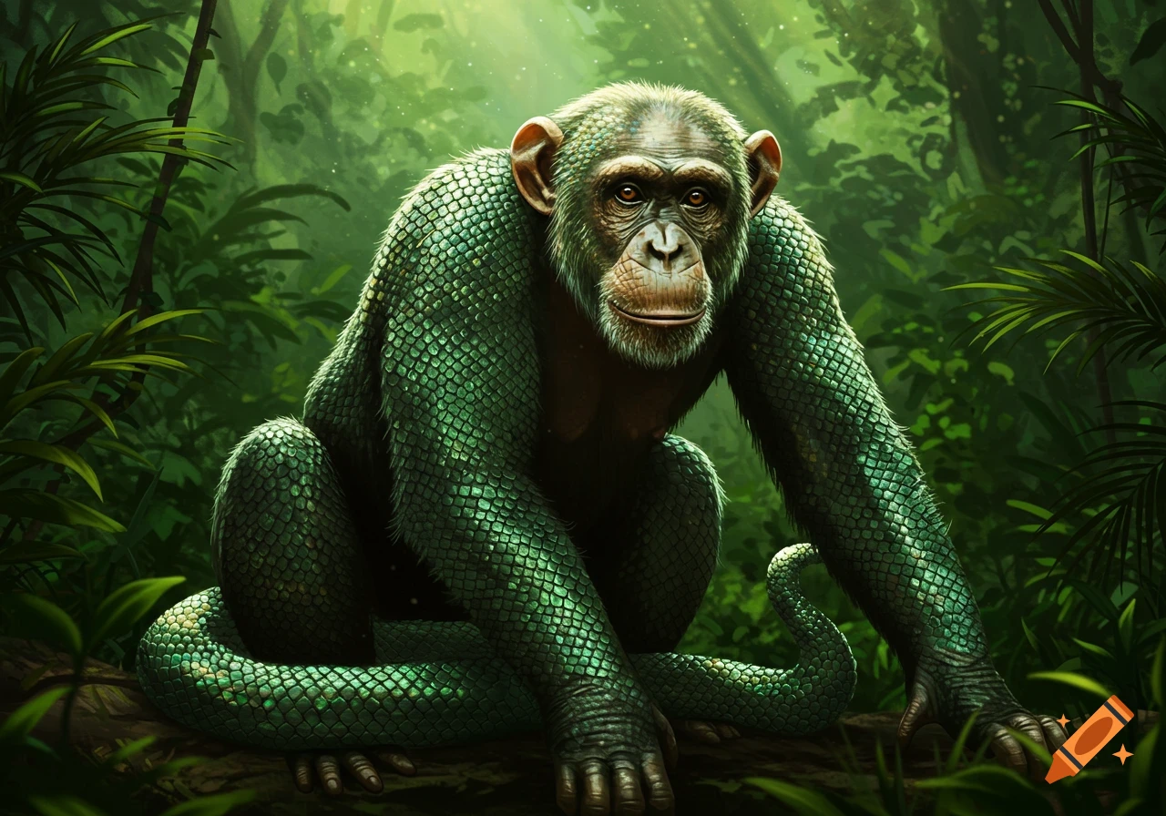 A green, scaly chimpanzee crouches on a log in a lush, sunlit jungle, looking directly at the viewer.