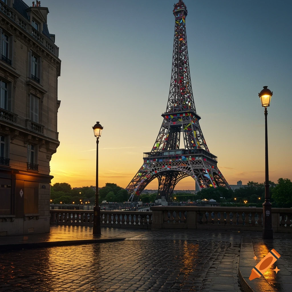 A photorealistic image of the Eiffel Tower at sunset with a building on the left and a wet cobblestone street reflecting the light.
