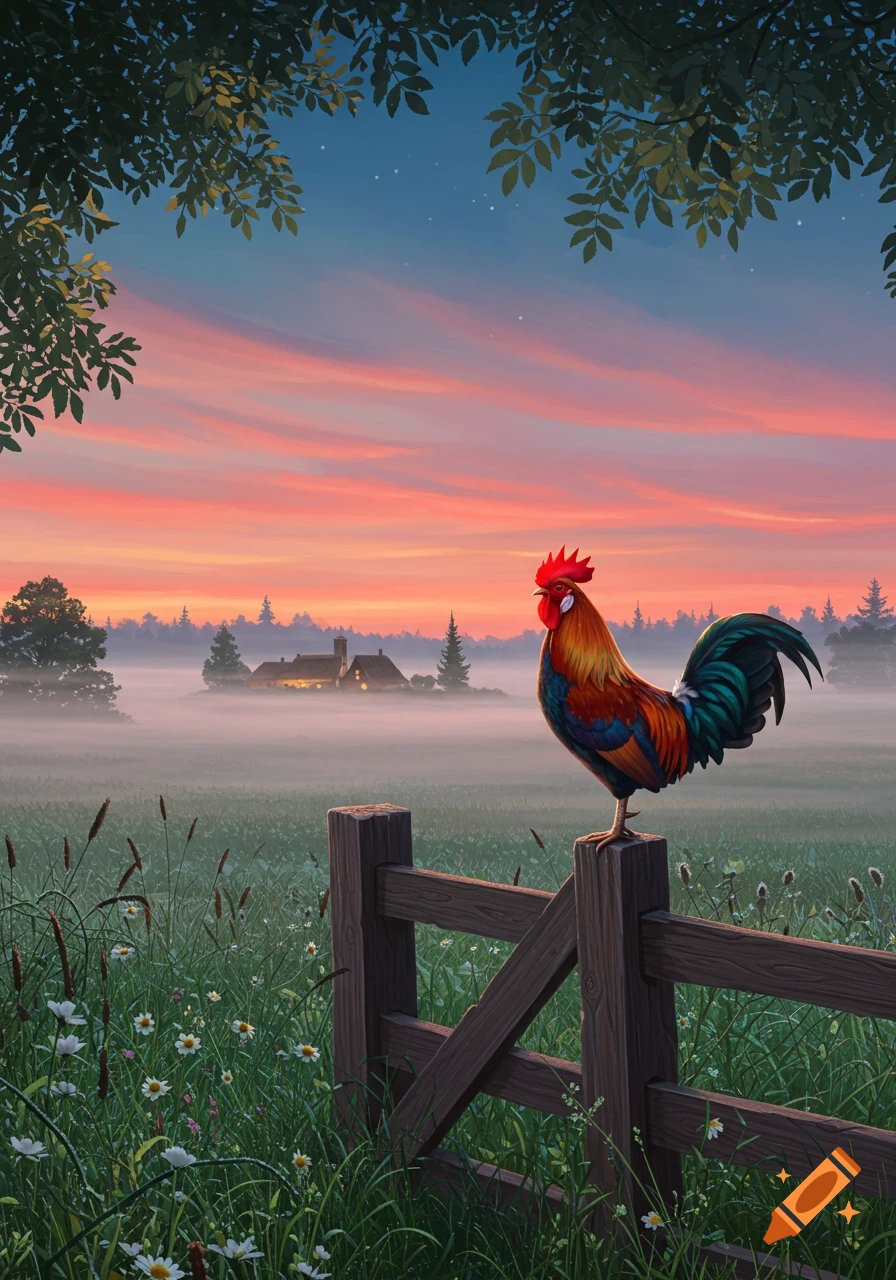A colorful rooster perched on a wooden fence overlooking a misty farm field and forest under a vibrant pink and blue sunrise sky.